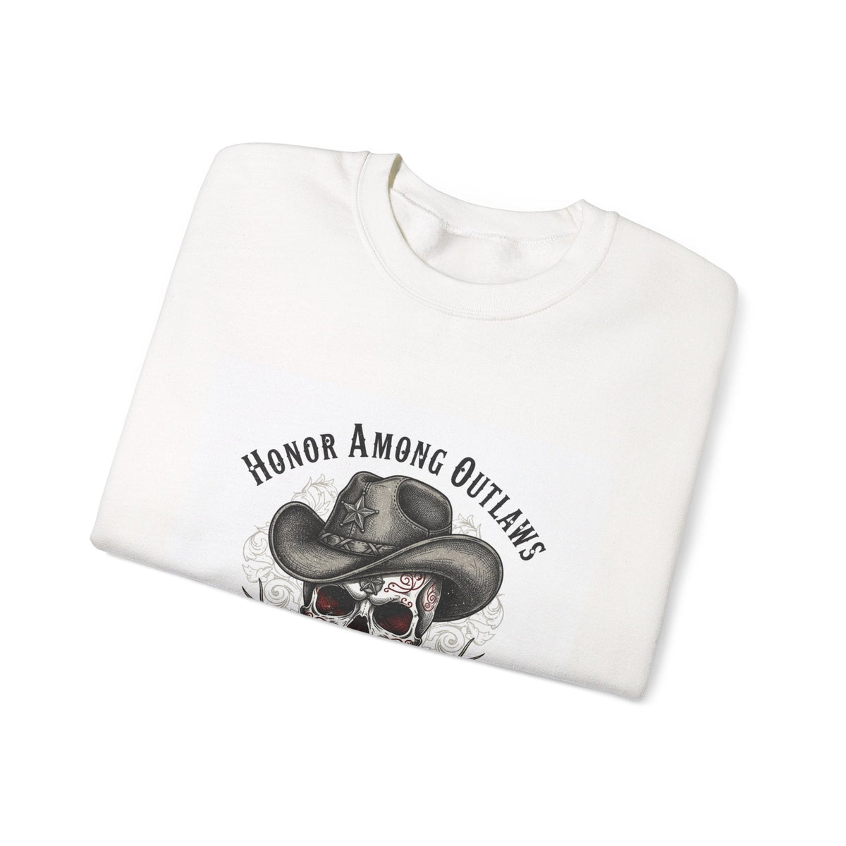 Honor Among Outlaws Crewneck, western skull art | gothic Americana, desert noir design