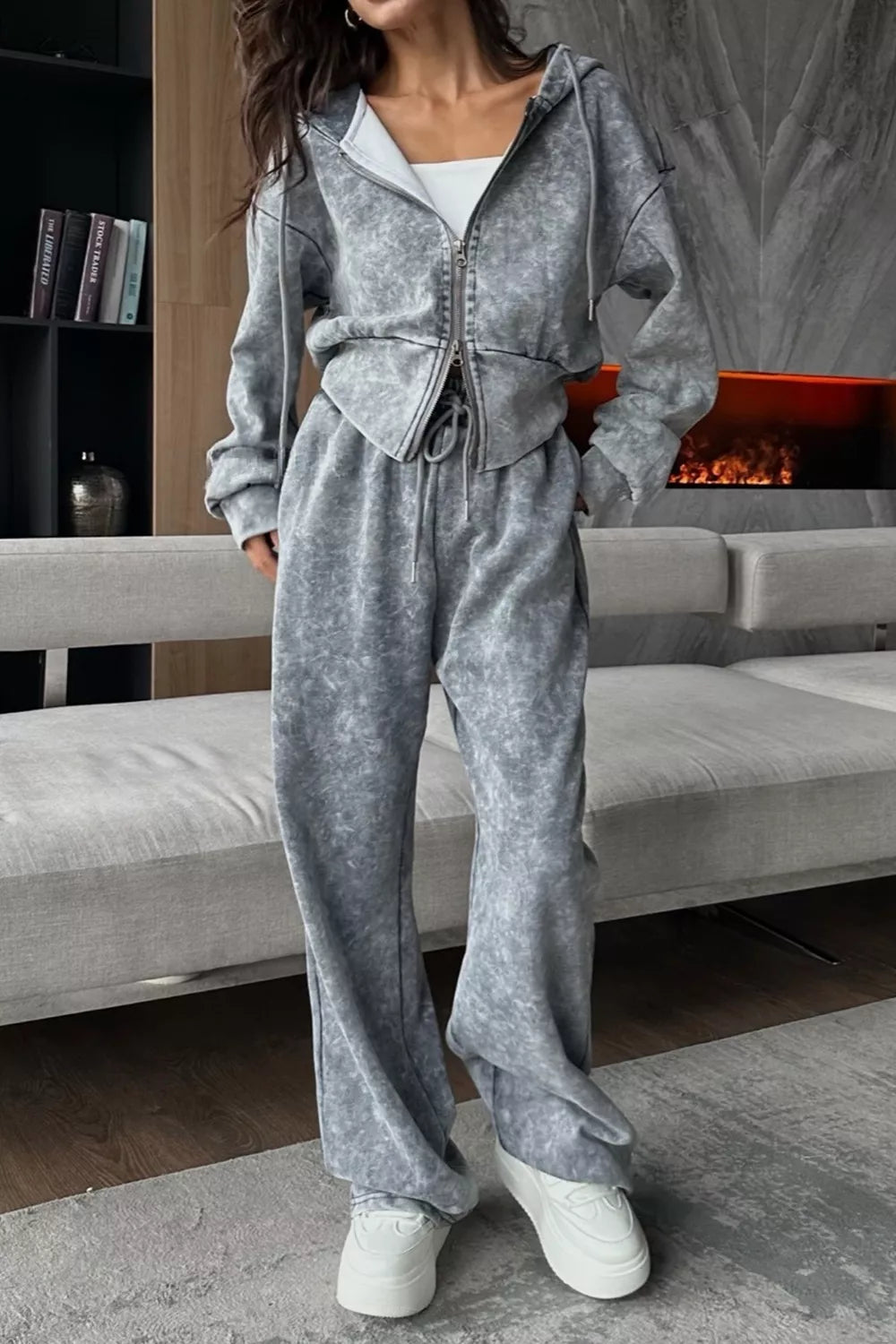 Acid Wash Zip-Up Hoodie and Wide-Leg Sweatpants Set