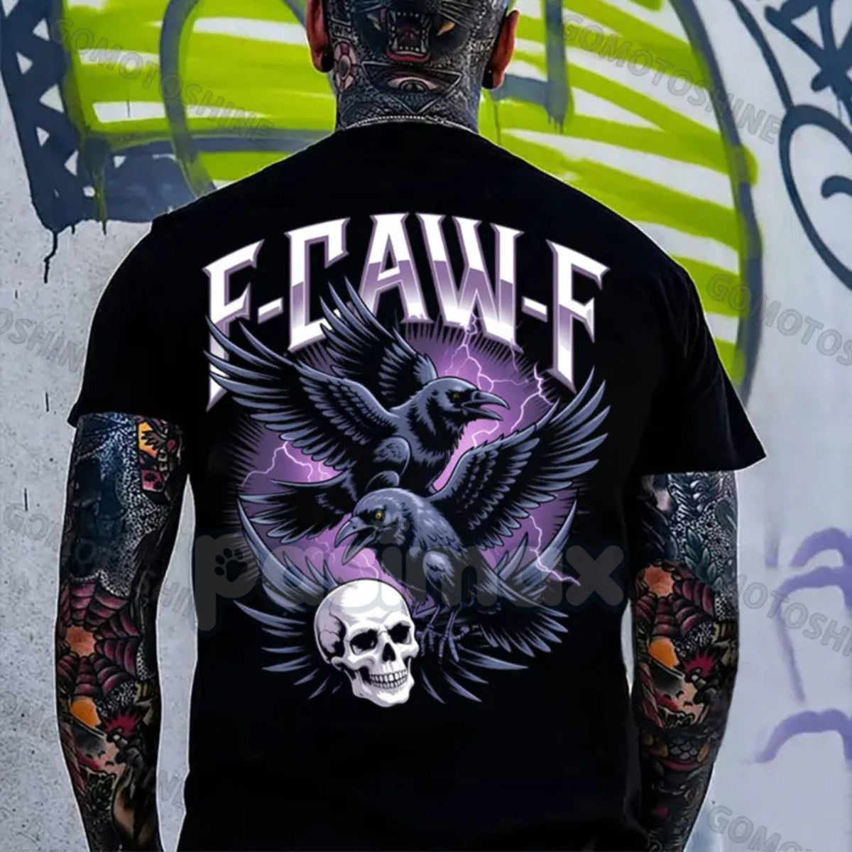 F-CAW-F "Mortality Call" T-Shirt - Gothic Crow and Skull Print, Men's Dark Mystique Graphic Tee, Edgy Unisex Apparel