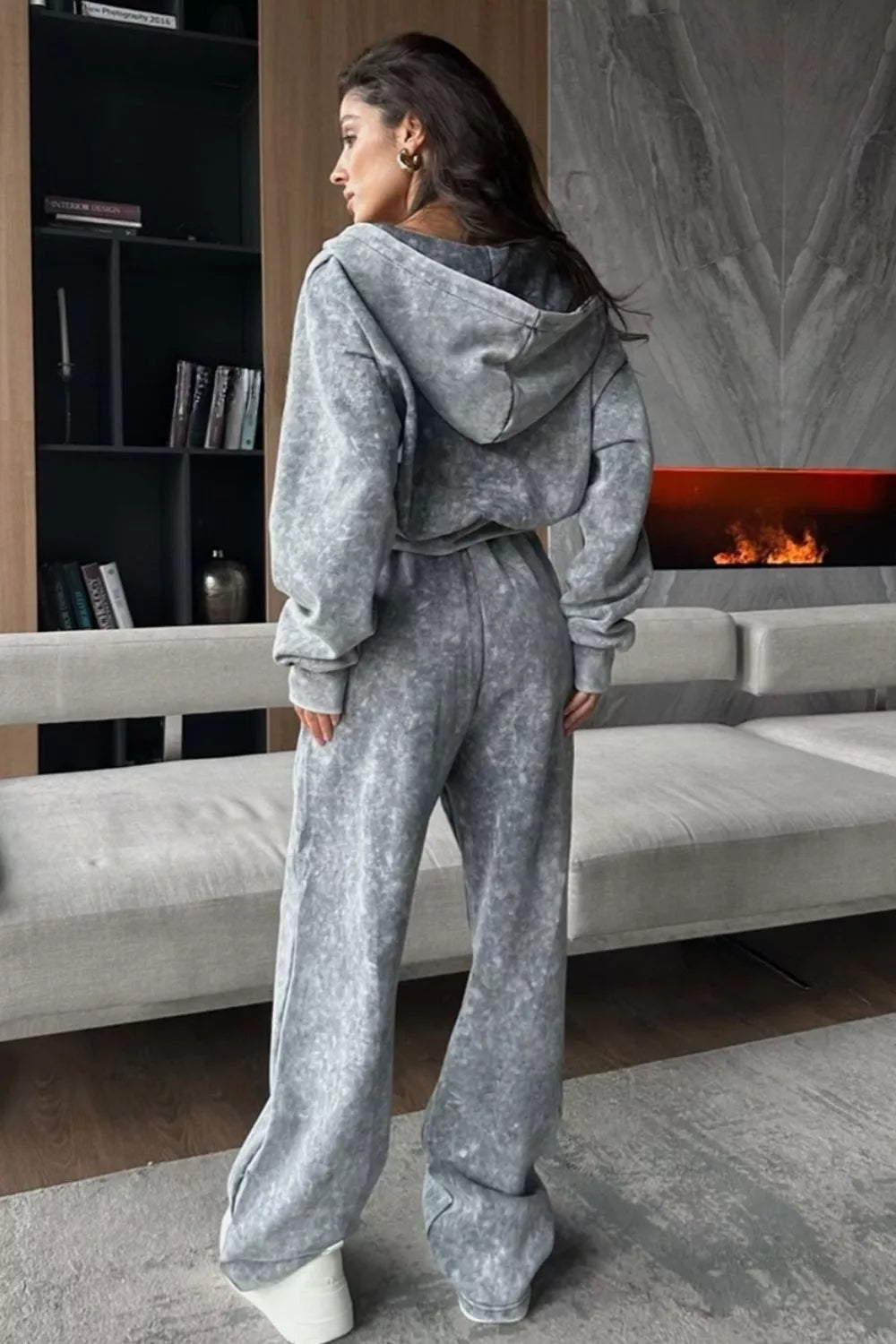 Acid Wash Zip-Up Hoodie and Wide-Leg Sweatpants Set