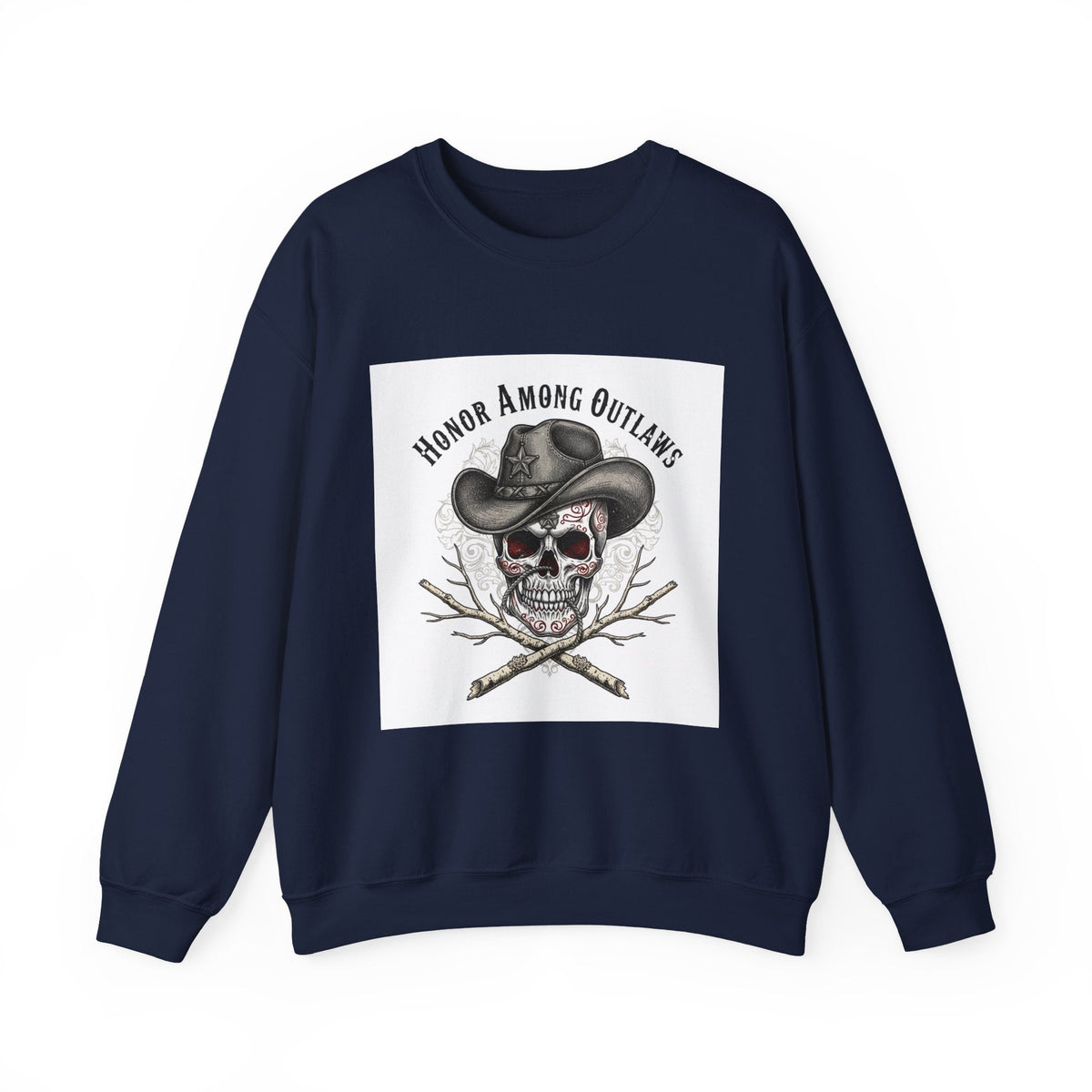 Honor Among Outlaws Crewneck, western skull art | gothic Americana, desert noir design