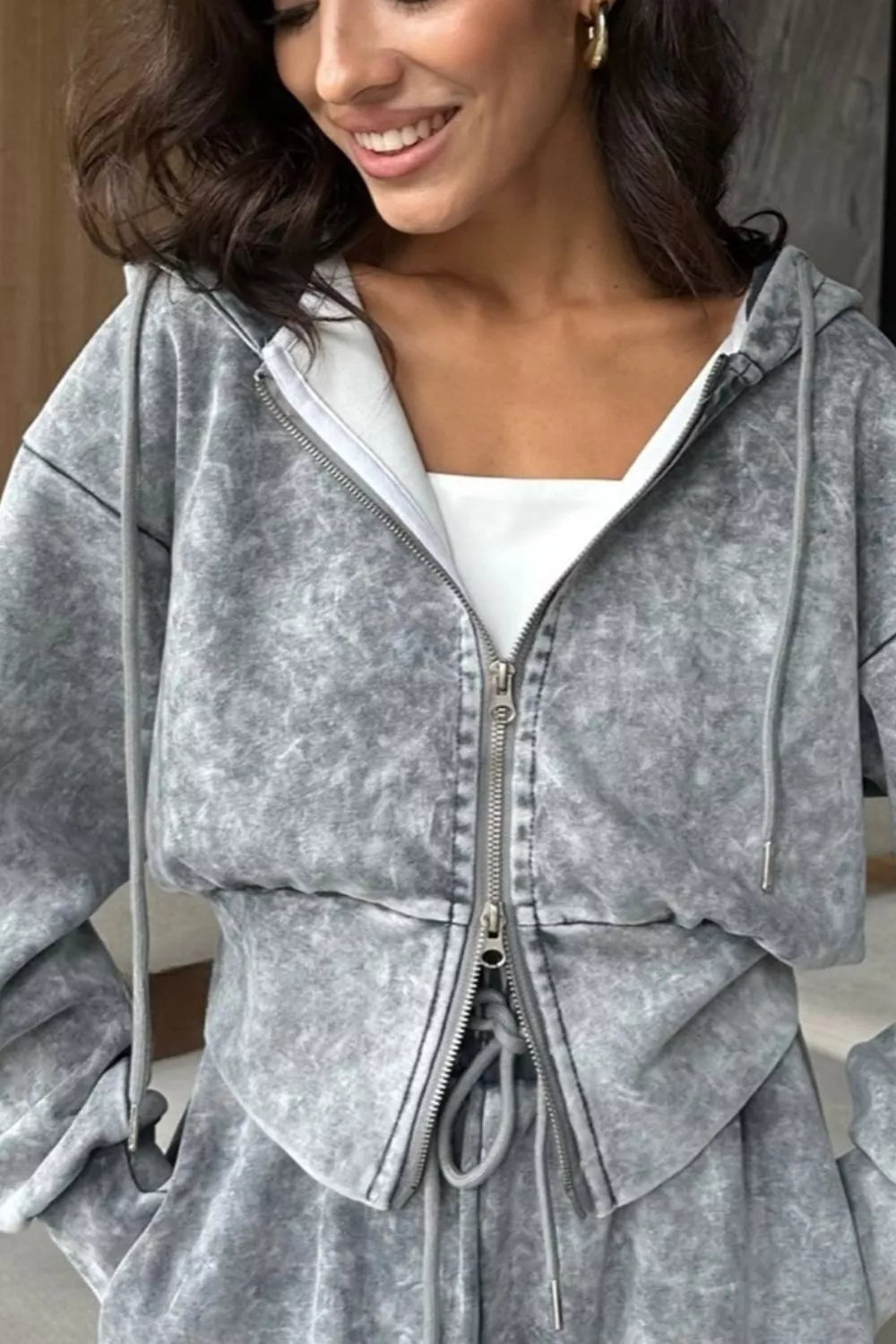 Acid Wash Zip-Up Hoodie and Wide-Leg Sweatpants Set