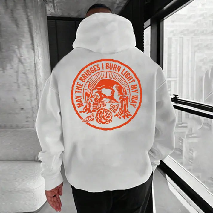 "MAY THE BRIDGES I BURN LIGHT MY WAY" Skull Print Men's Hoodie – Defiant Streetwear
