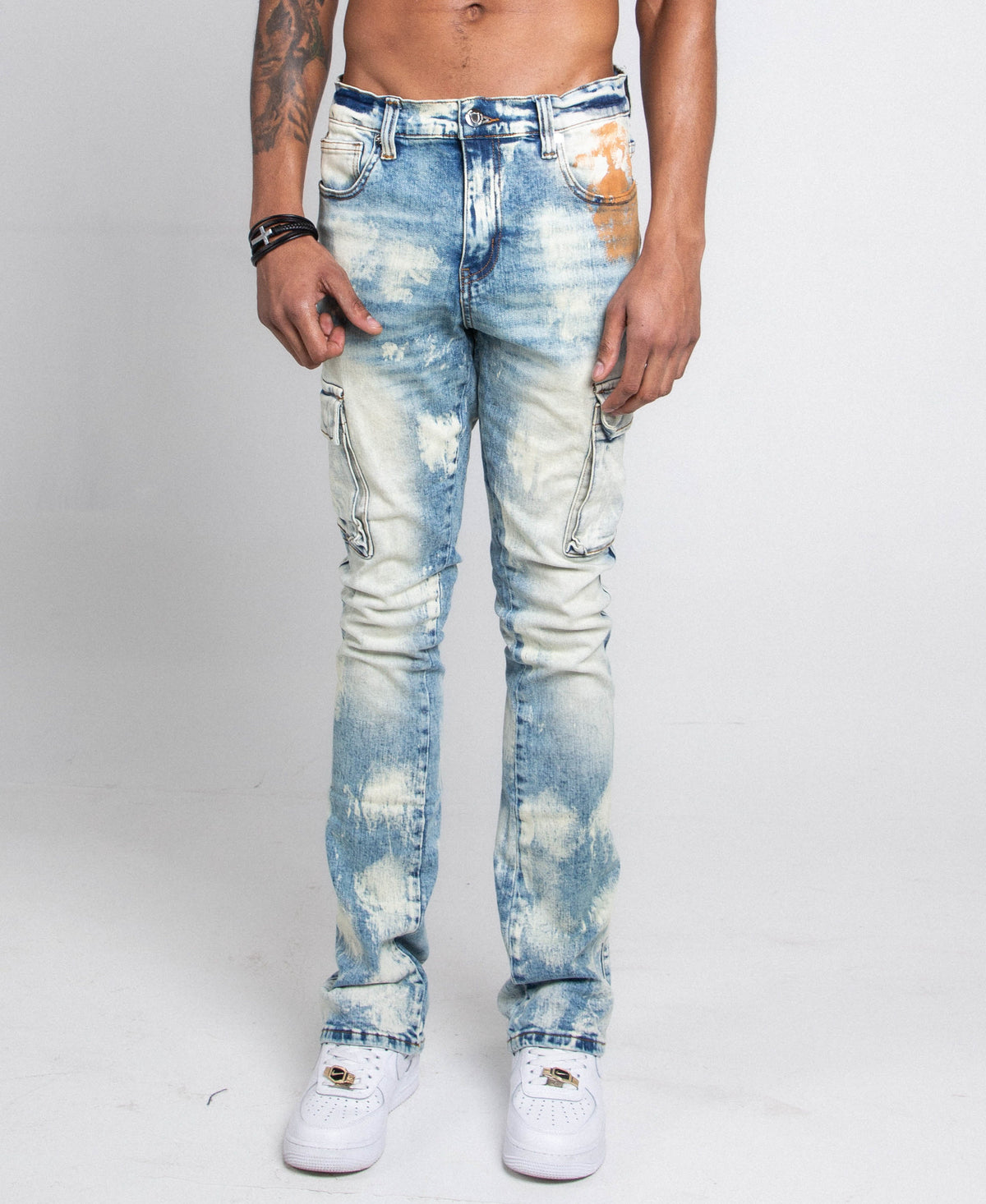 AJ29SK GREY/WHITE WASH STACKED CARGO JEANS