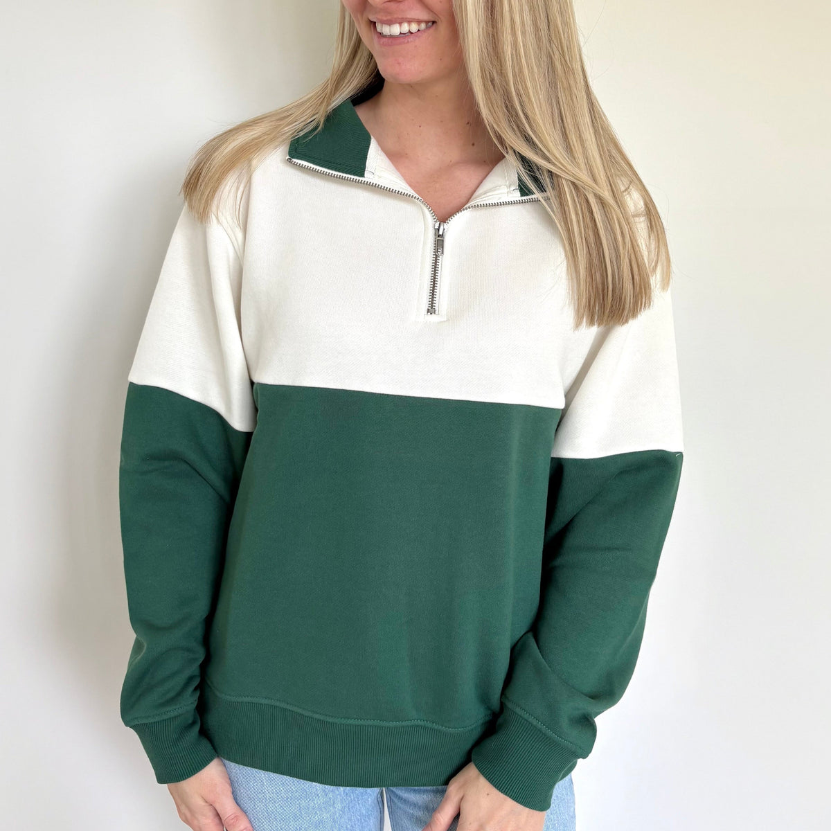 Hunter Green/Cloud Dancer Colorblock Quarter Zip Pullover