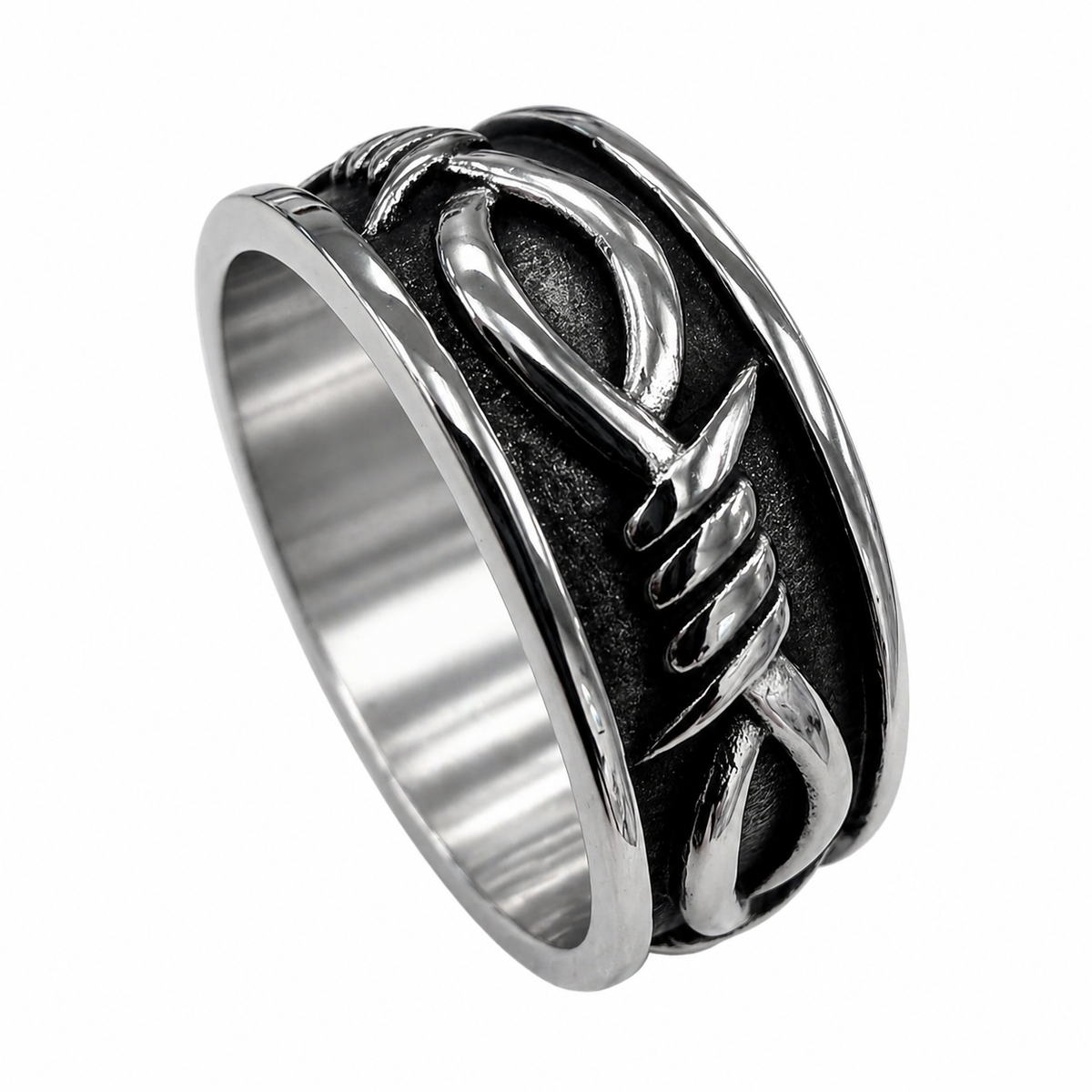 Wide Barbed Wire Men's Oxidized 7.9mm Band Ring – Stainless Steel