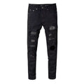 Black Crystal-Patch Slim Fit Rhinestones Ripped Jeans