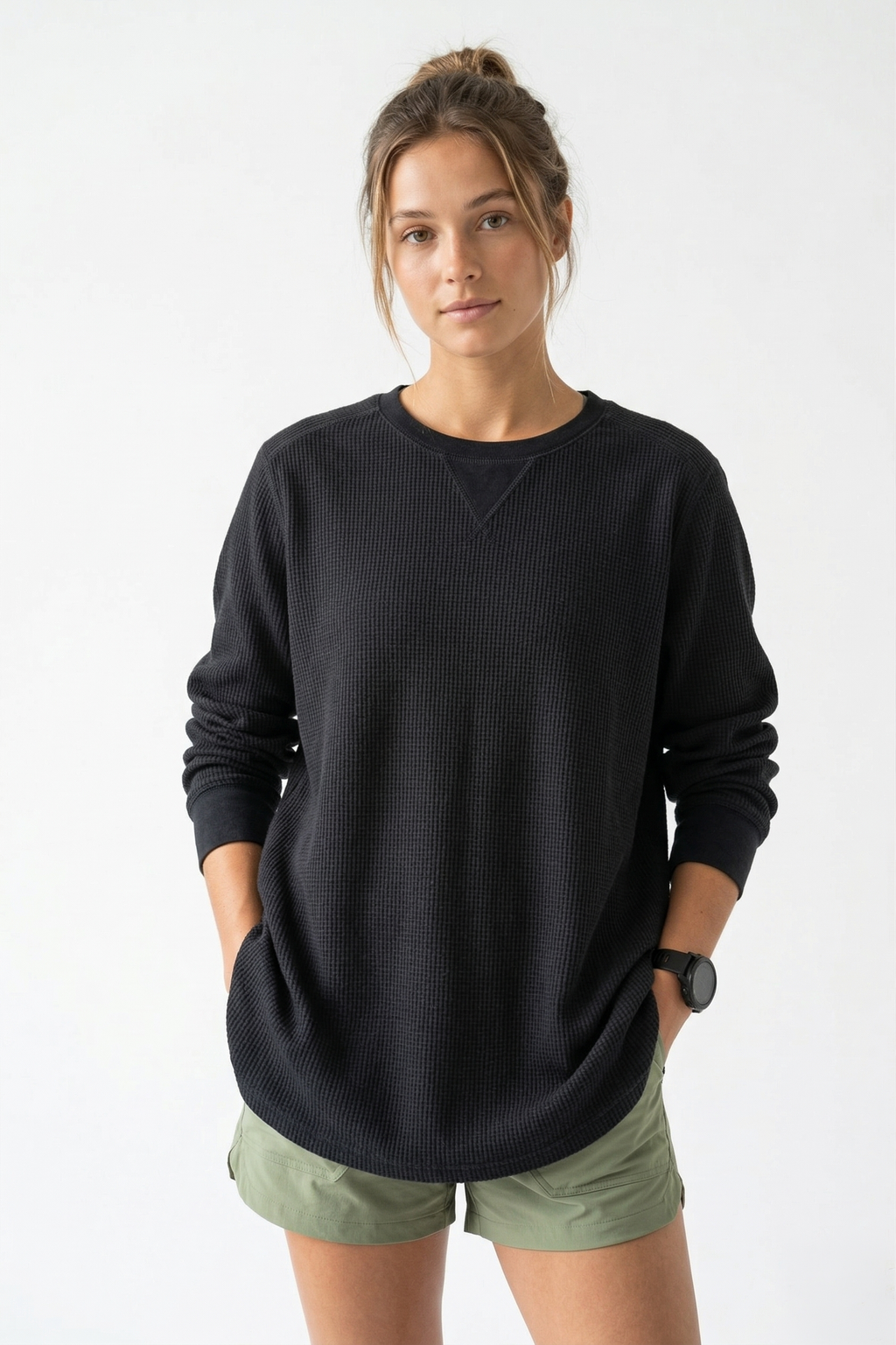 Heavyweight Waffle Knit Thermal Crewneck – Black
