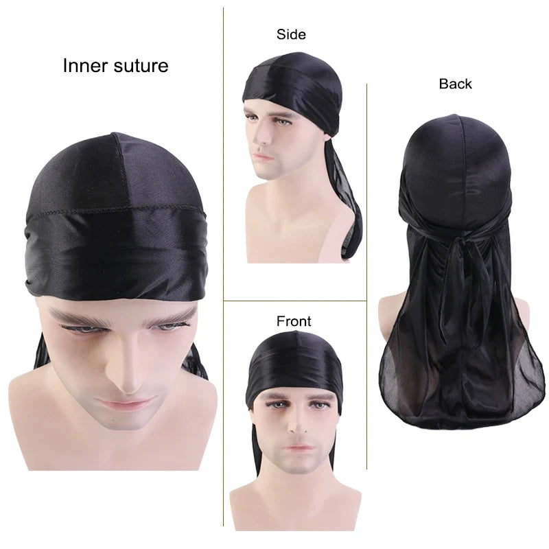 Unisex Silky Long Tail Durag Pirate Hat Turban Fashion Headwraps Cap Bandana Women Men Headwear Caps Hijab Hair Accessories  ﻿