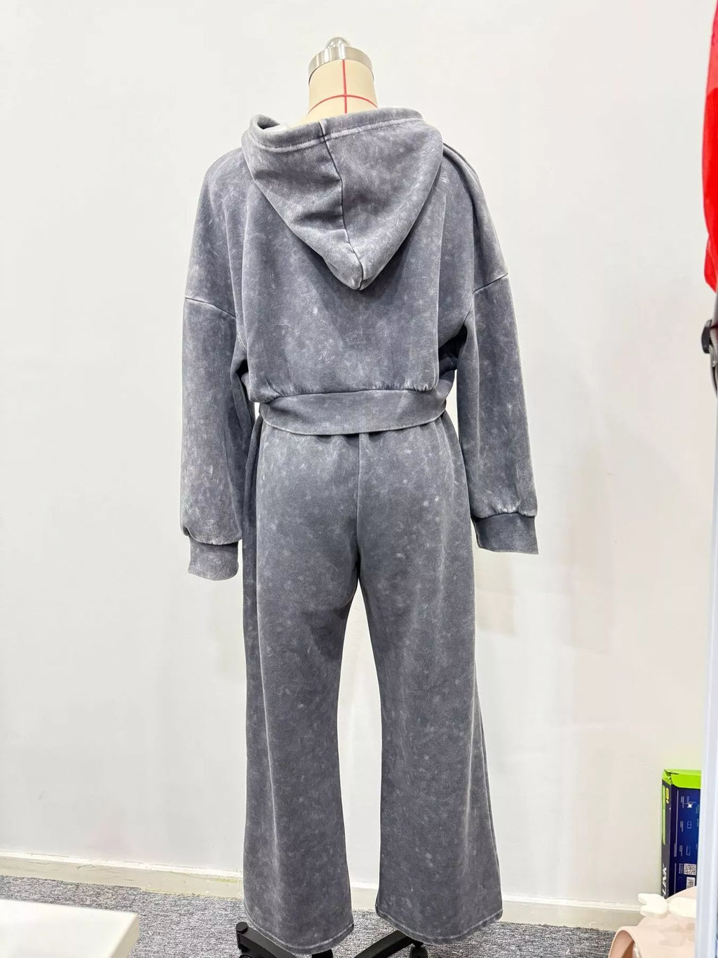 Acid Wash Zip-Up Hoodie and Wide-Leg Sweatpants Set
