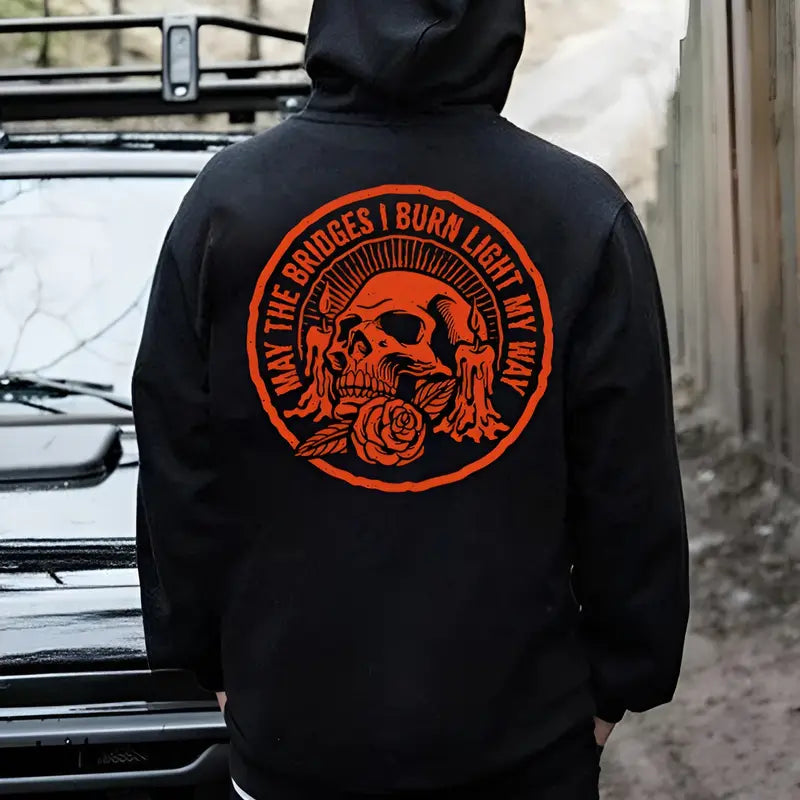 "MAY THE BRIDGES I BURN LIGHT MY WAY" Skull Print Men's Hoodie – Defiant Streetwear